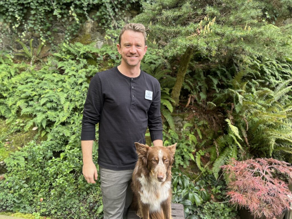 "Mitchell Cunningham and his dog Pete, certified home inspector at Watchtower Home Inspections in Victoria, BC."