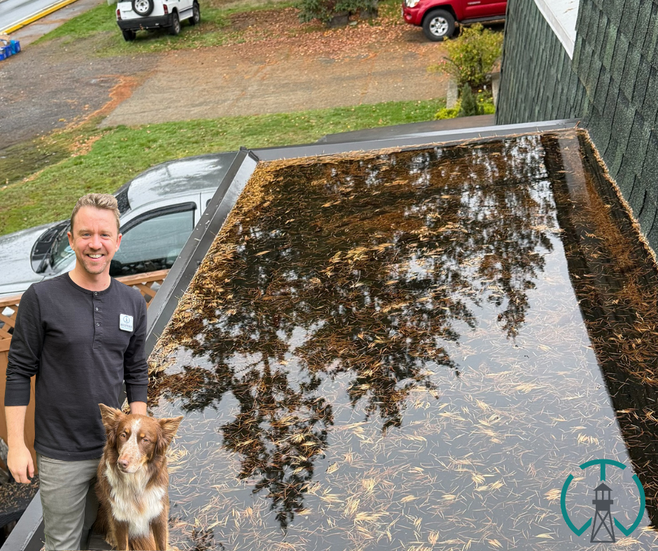clean gutters and downspouts on a Vancouver Island home during rainy season