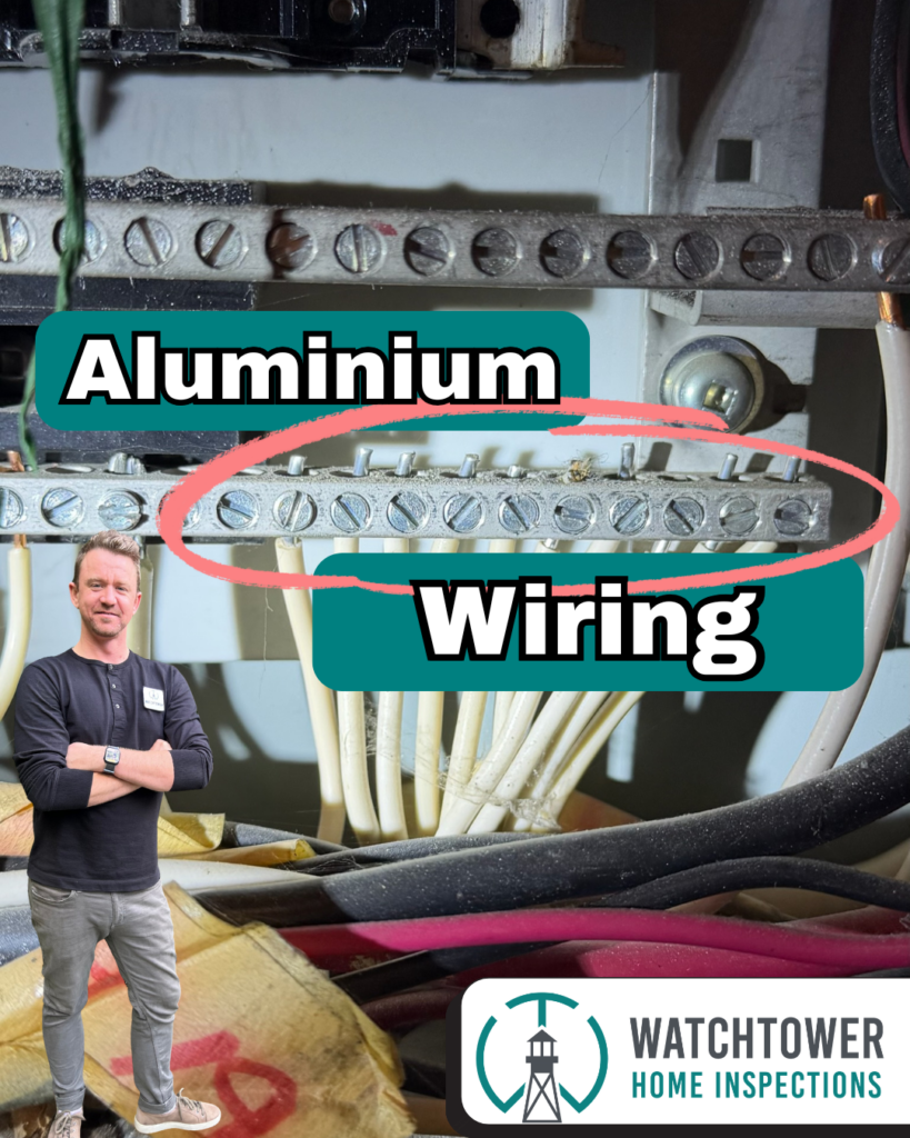 Aluminum branch wiring connected to electrical outlet with visible oxidation and older style wiring typical in 1970s Victoria BC homes