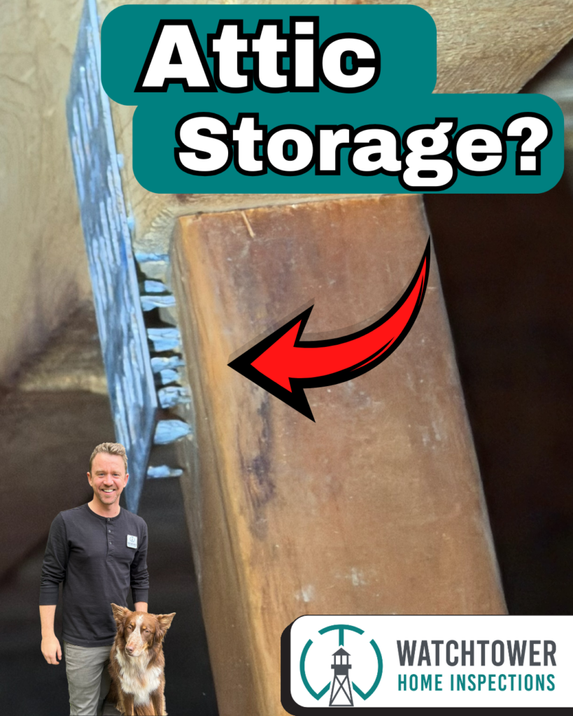 Attic truss with improvised storage platform resting on framing, highlighting potential structural stress and compressed insulation