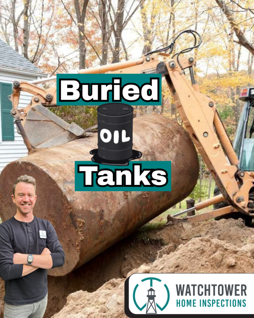 Excavator removing buried oil tank from residential yard with Watchtower Home Inspections branding