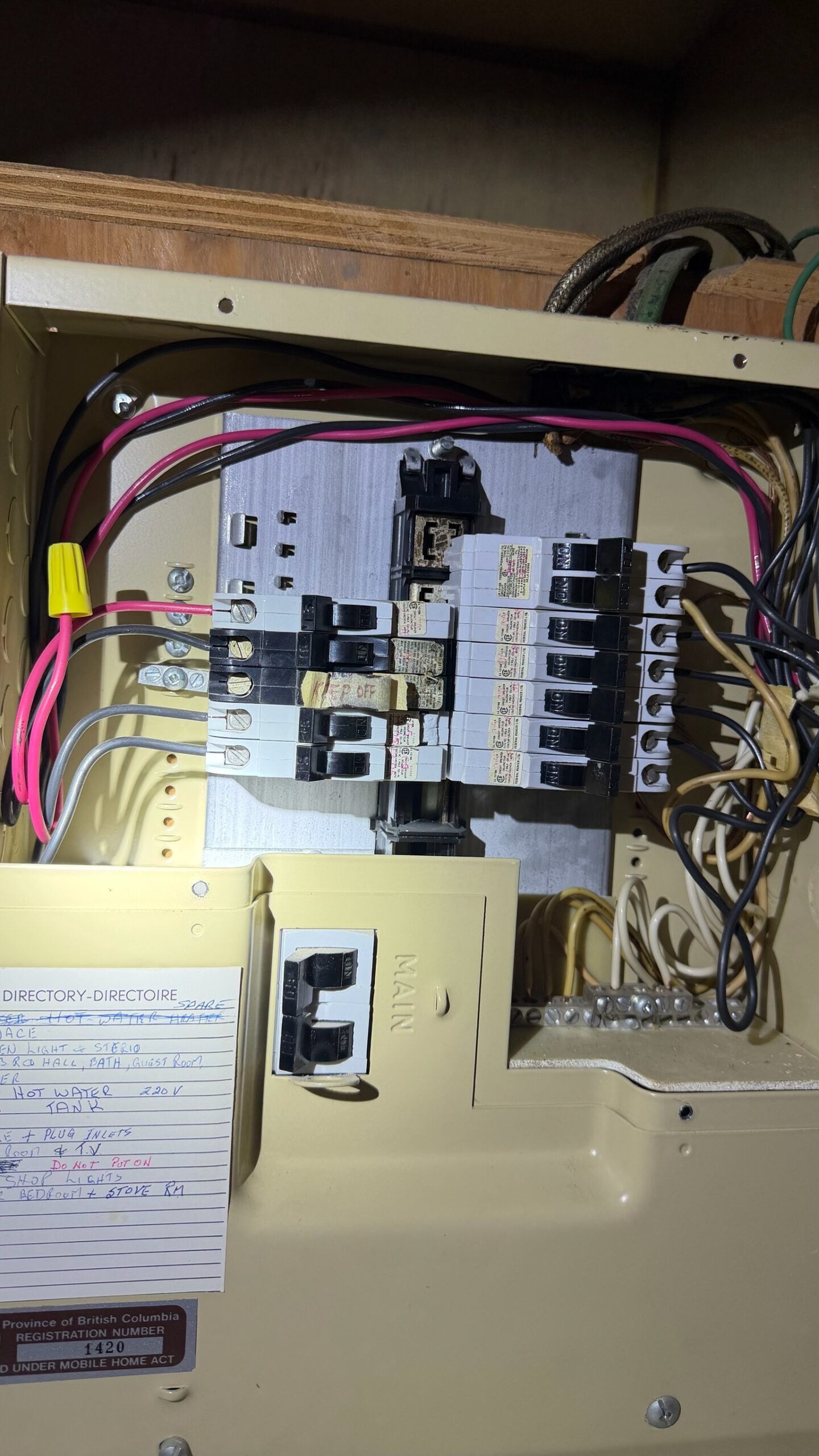 Federal Pioneer Stab-Lok manufacturer label inside an electrical panel in a BC home