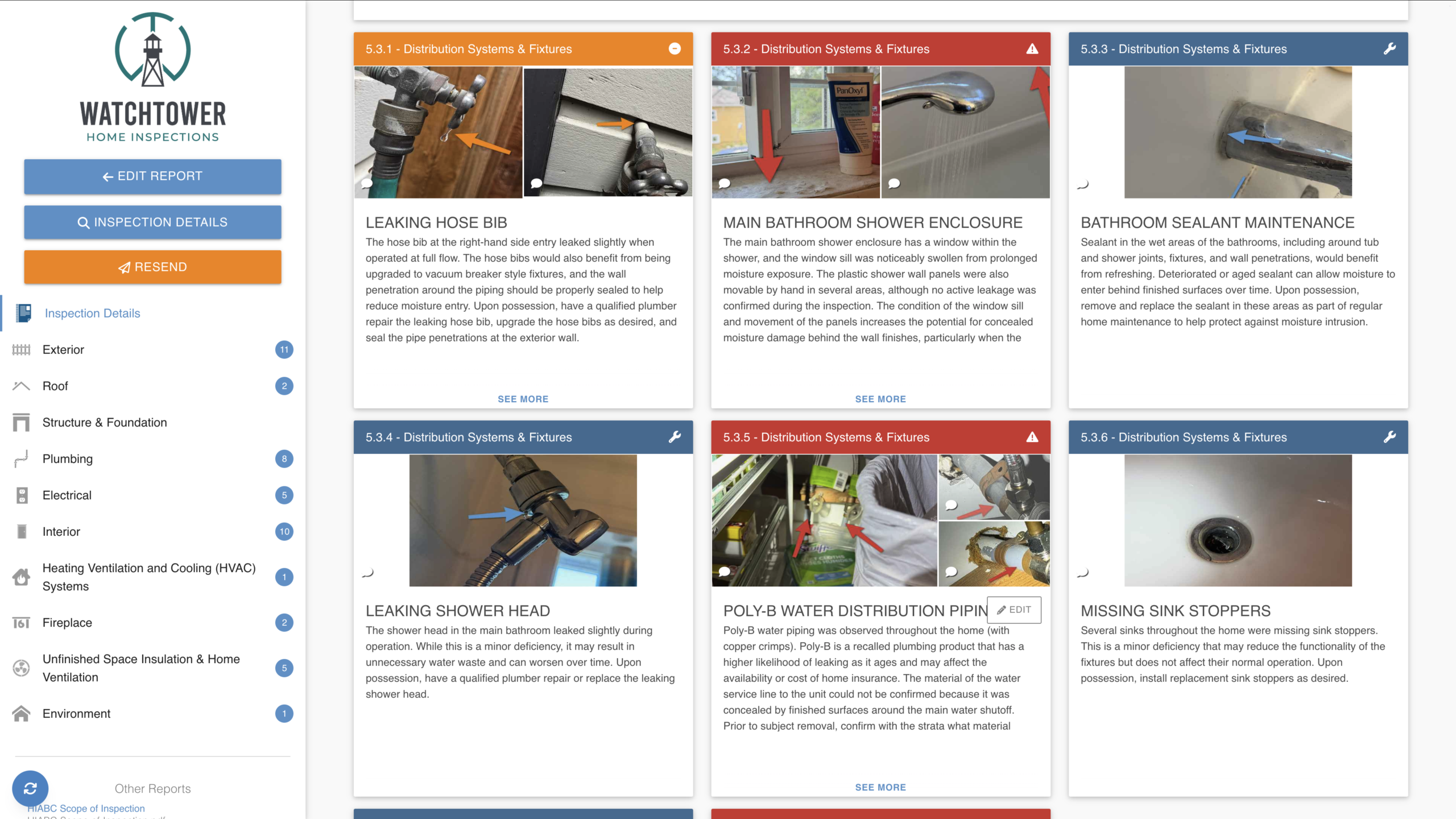 Watchtower Home Inspections Spectora desktop report showing plumbing findings with annotated photos and recommendations
