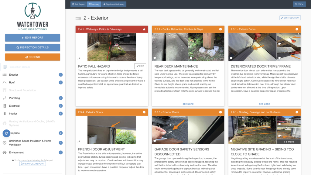 Watchtower Home Inspections Spectora desktop report showing organized exterior findings with photos and recommendations