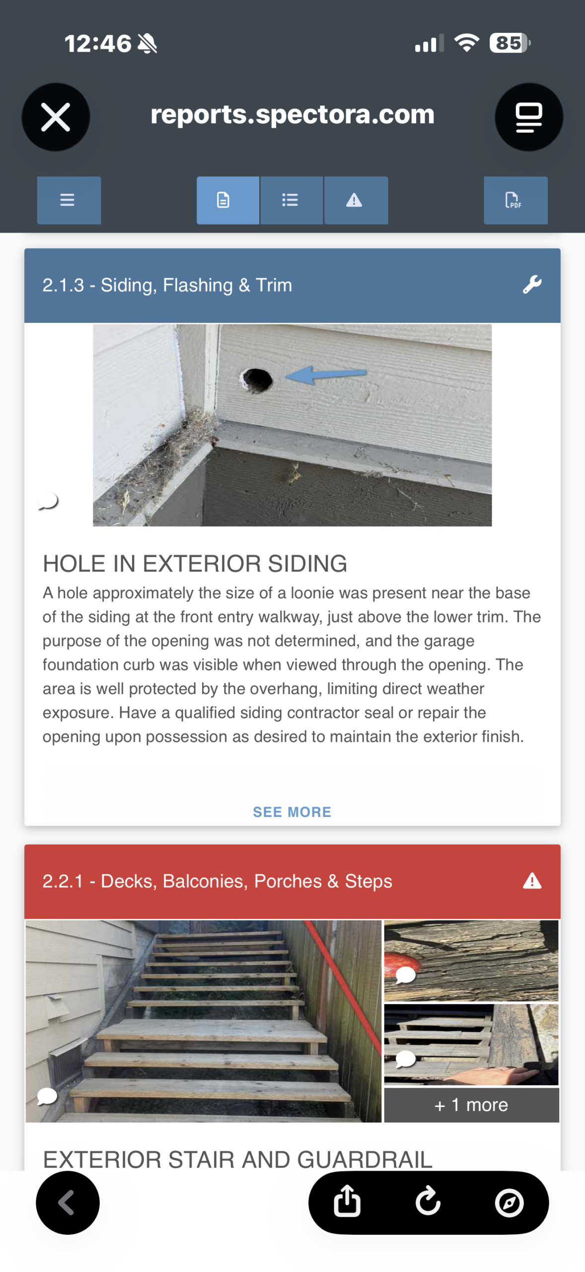 Watchtower Home Inspections Spectora mobile report showing exterior siding and stair findings with photos and recommendations