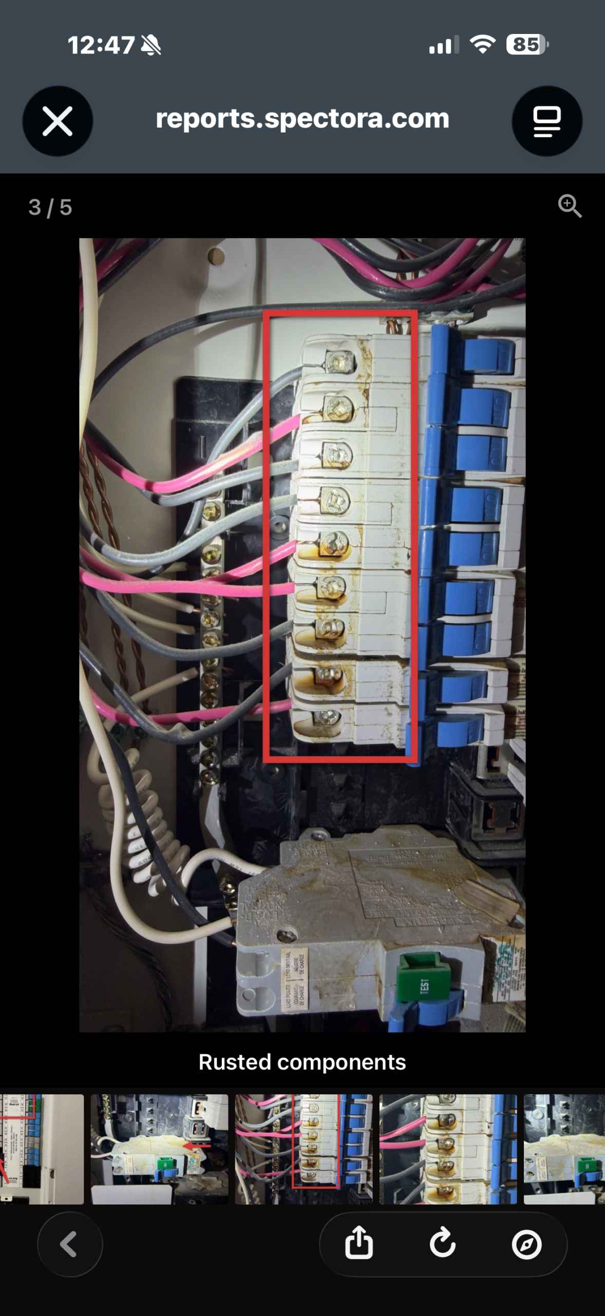 Watchtower Home Inspections Spectora mobile photo viewer showing annotated electrical panel photos