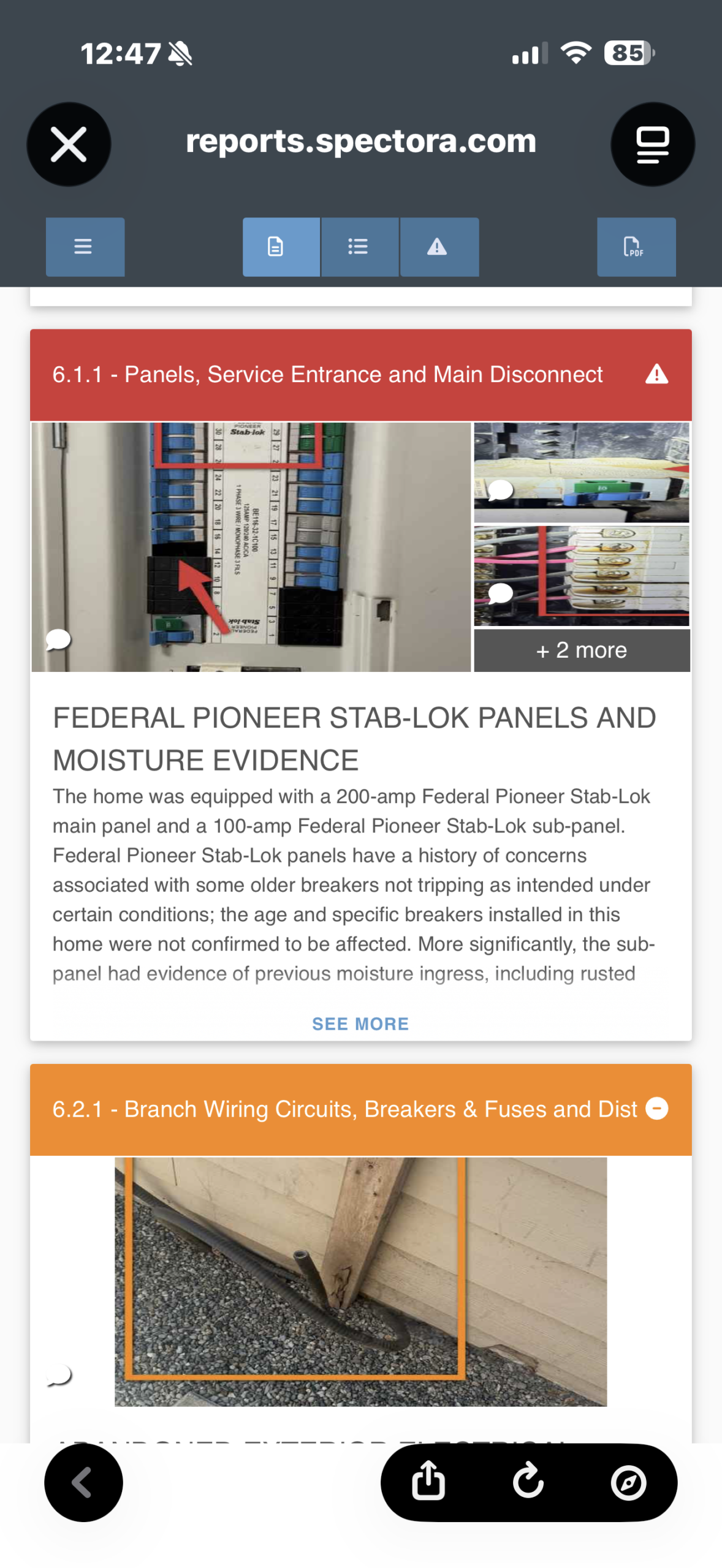Watchtower Home Inspections Spectora mobile report showing a Federal Pioneer Stab-Lok panel finding with photos and written recommendation